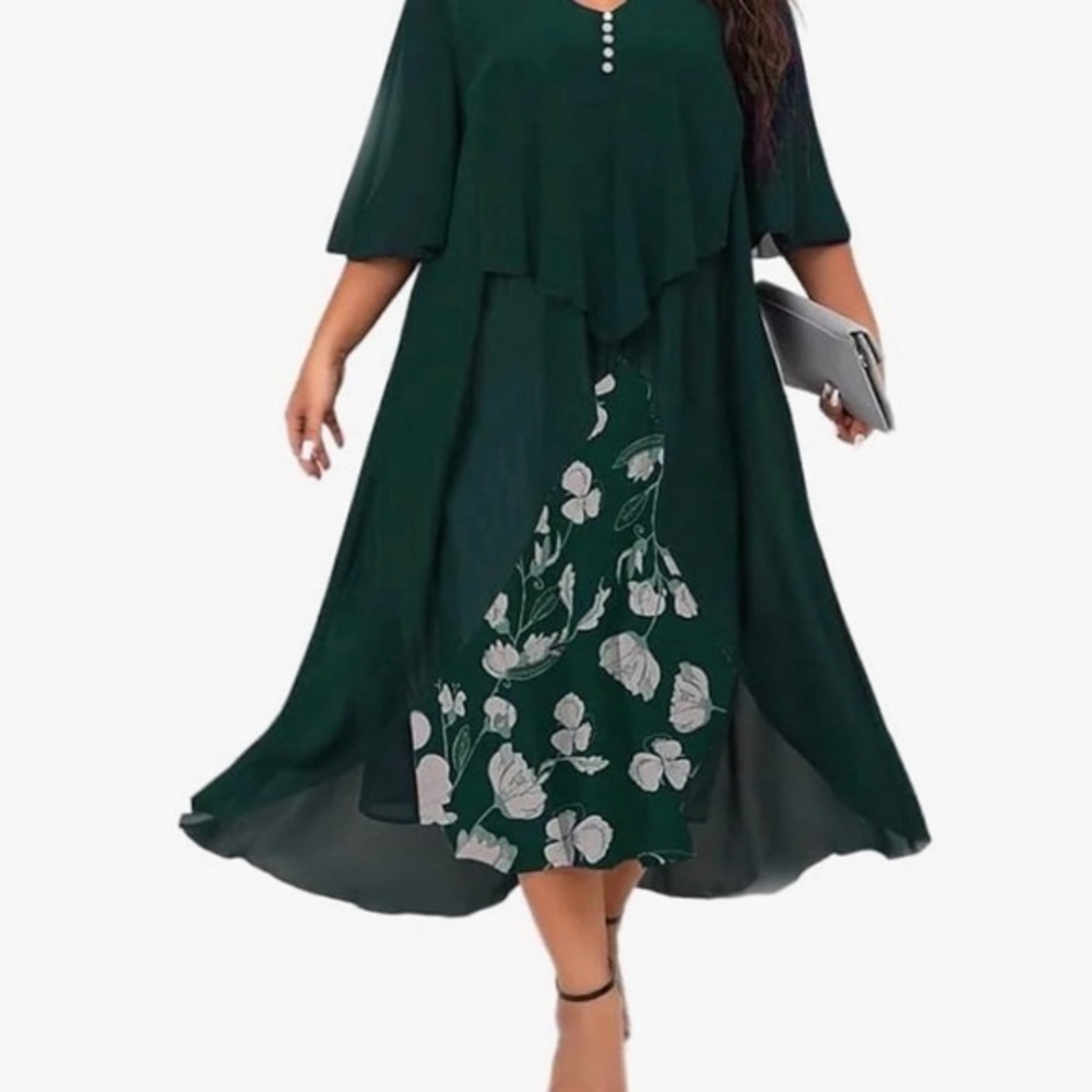 Chic Dark Green Floral High Low Dress